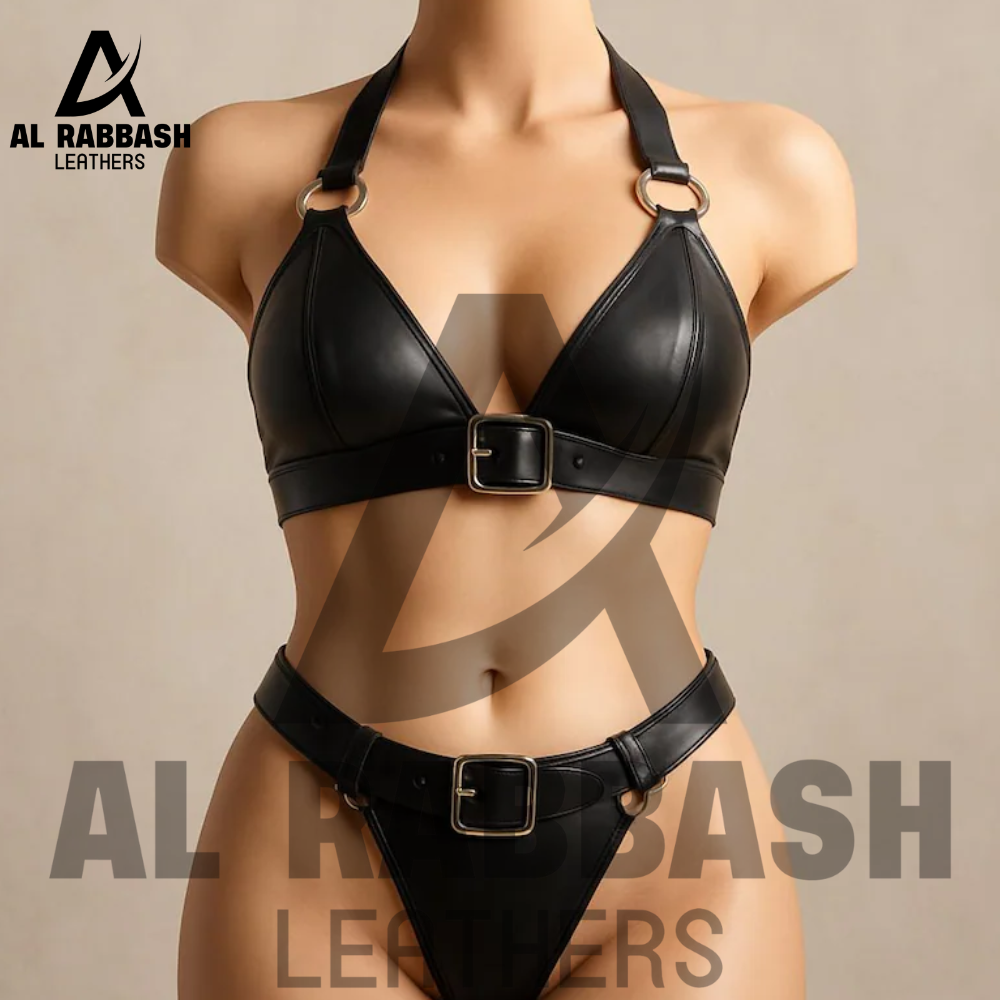 Handmade Black Leather Bikini Set For Women - Two-Piece Buckled Lingerie