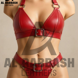 Handmade Red Leather Bikini Set For Women - Buckled Two-Piece Lingerie for Festivals