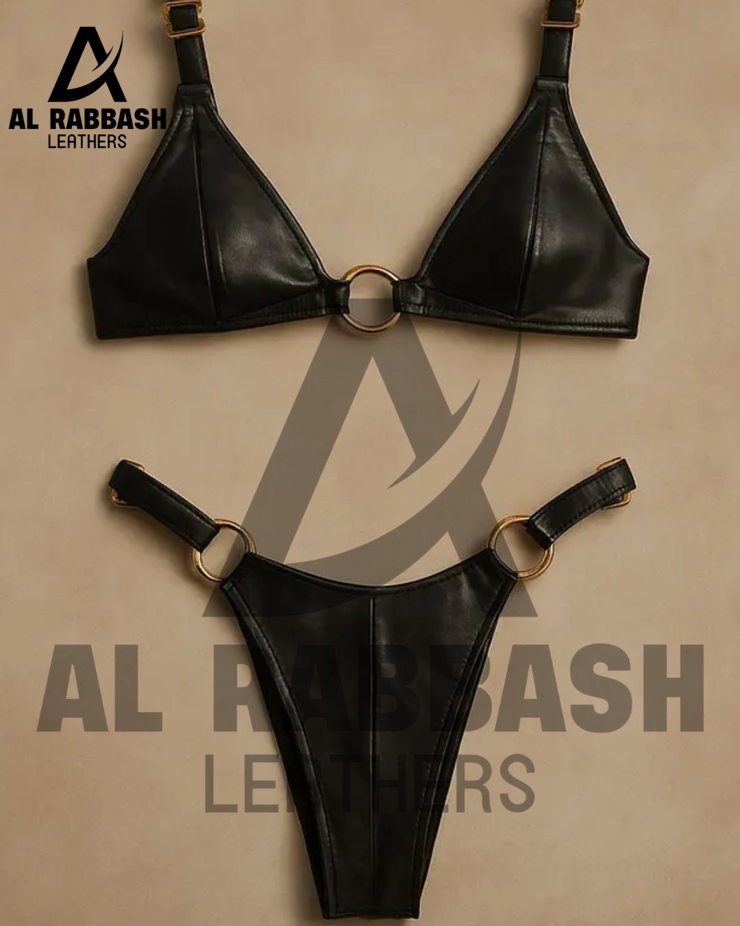 Handmade Black Leather Bikini Set: Handmade Lingerie Triangle Top & High Cut Bottom with Rings - Image 3