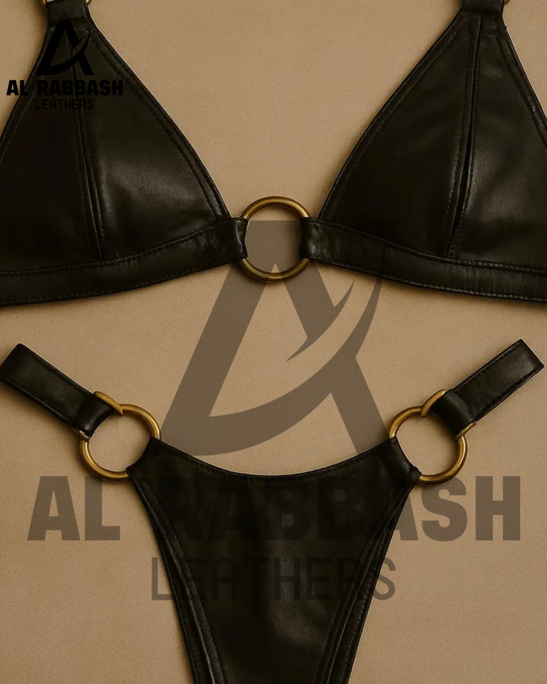 Handmade Black Leather Bikini Set: Handmade Lingerie Triangle Top & High Cut Bottom with Rings - Image 4