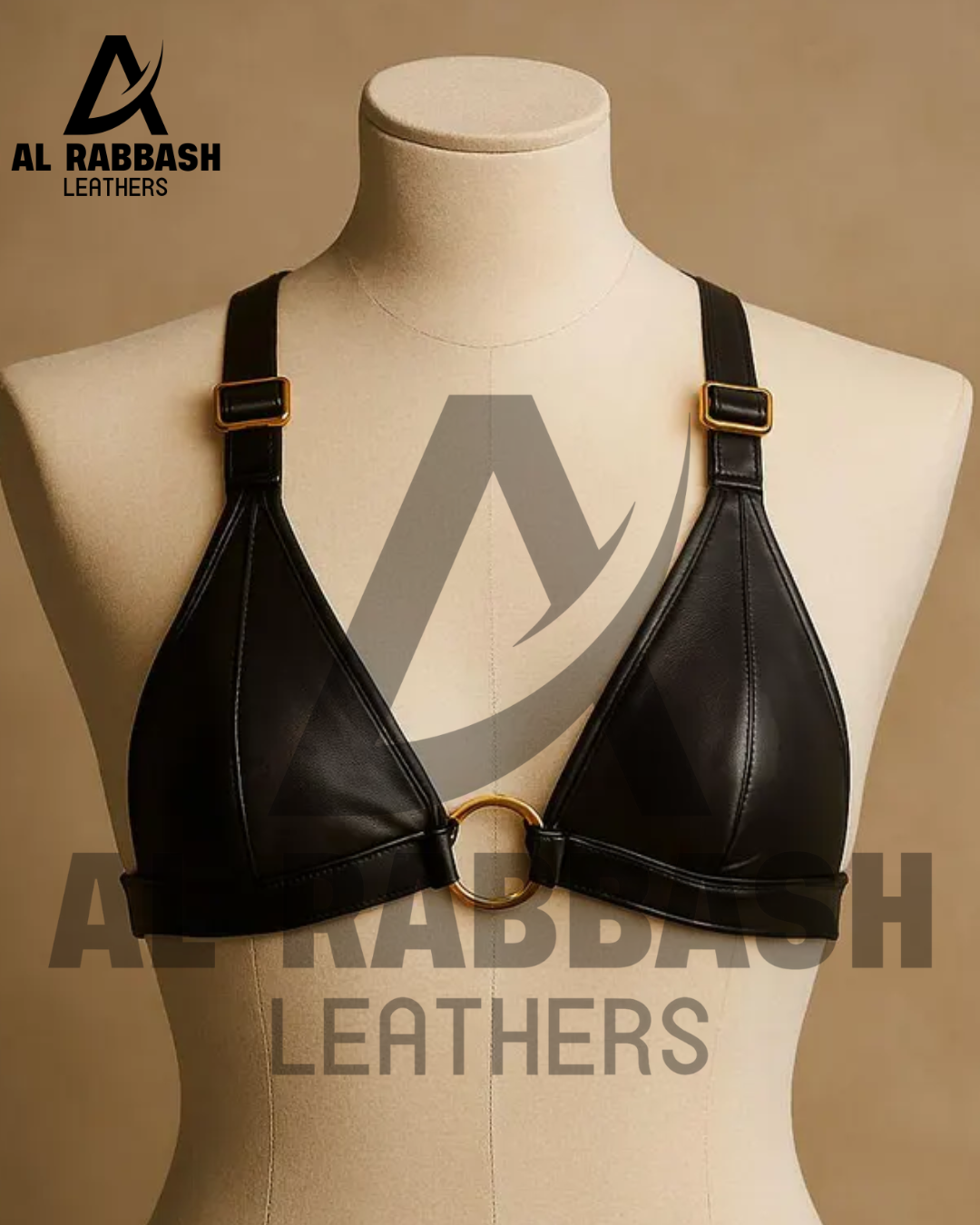 Handmade Black Leather Bikini Set: Handmade Lingerie Triangle Top & High Cut Bottom with Rings - Image 2