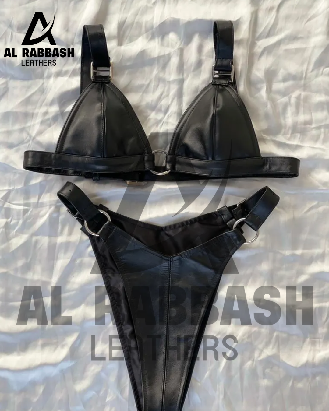 Handmade Black Leather Bikini Set: Handmade Lingerie Triangle Top & High Cut Bottom with Rings - Image 5