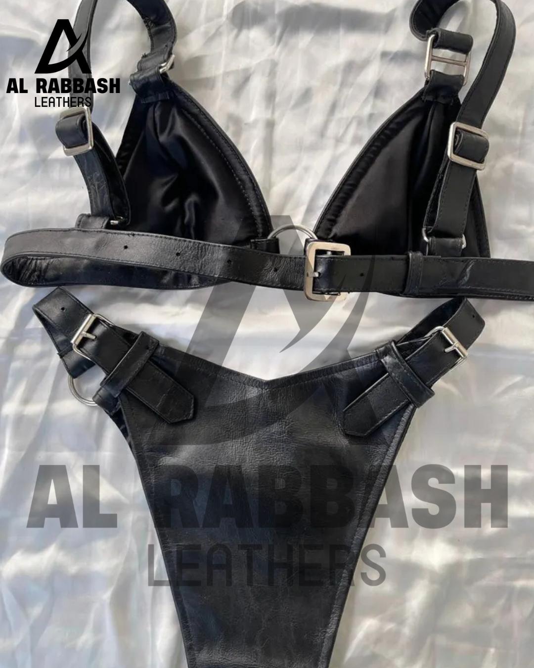 Handmade Black Leather Bikini Set: Handmade Lingerie Triangle Top & High Cut Bottom with Rings - Image 6