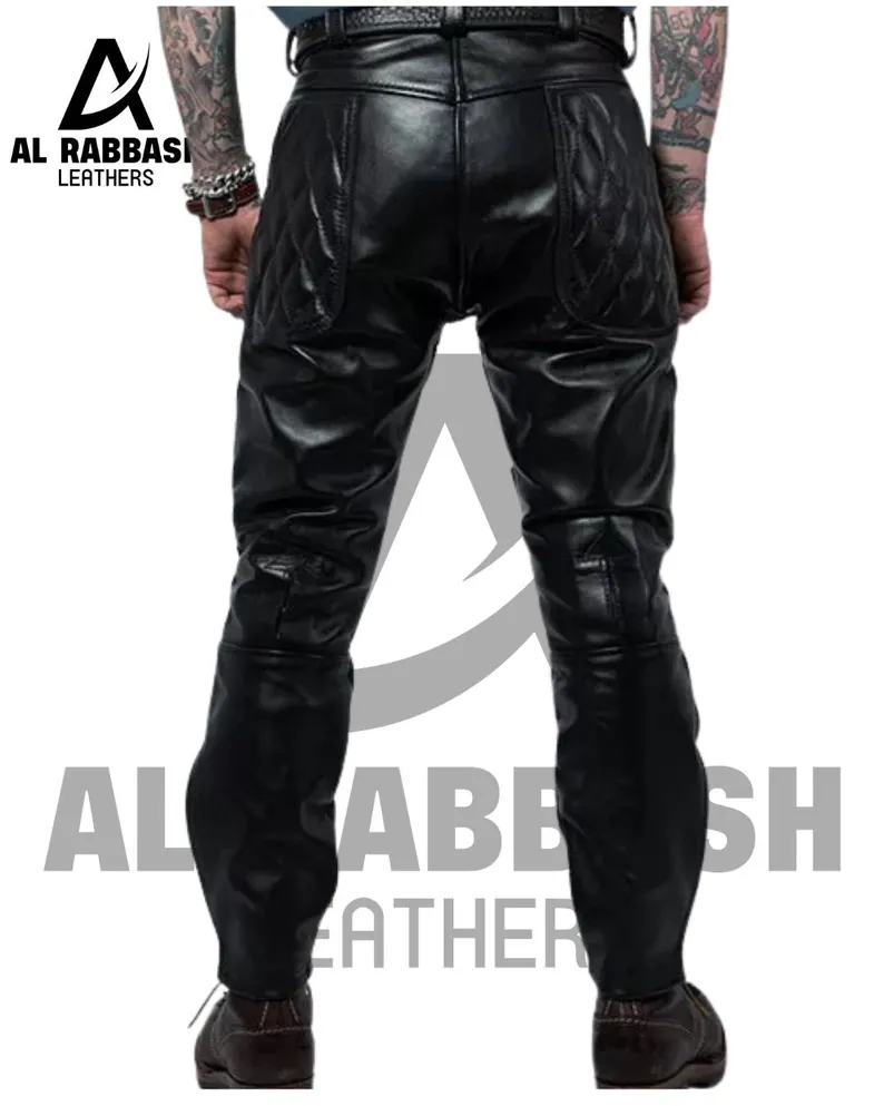 Men Real Quilted Leather Pants with Zipper Sheep/Lambskin Leather Biker Trouser - Image 2