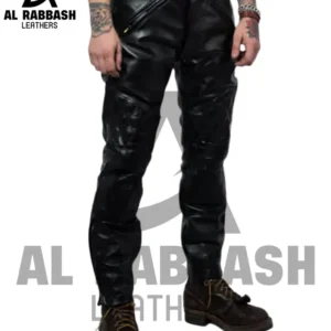 Men Real Quilted Leather Pants with Zipper Sheep/Lambskin Leather Biker Trouser