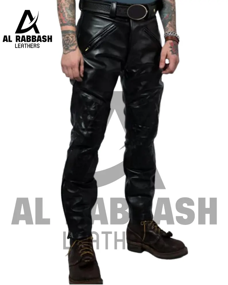 Men Real Quilted Leather Pants with Zipper Sheep/Lambskin Leather Biker Trouser
