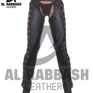 Women's Black Leather Motorcycle Chaps: Adjustable Side Lace-Up