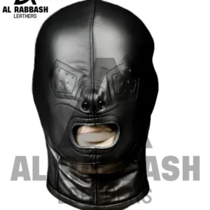 Black Leather Hood with Mouth Opening – Adjustable Headgear, Unisex Costume Accessory