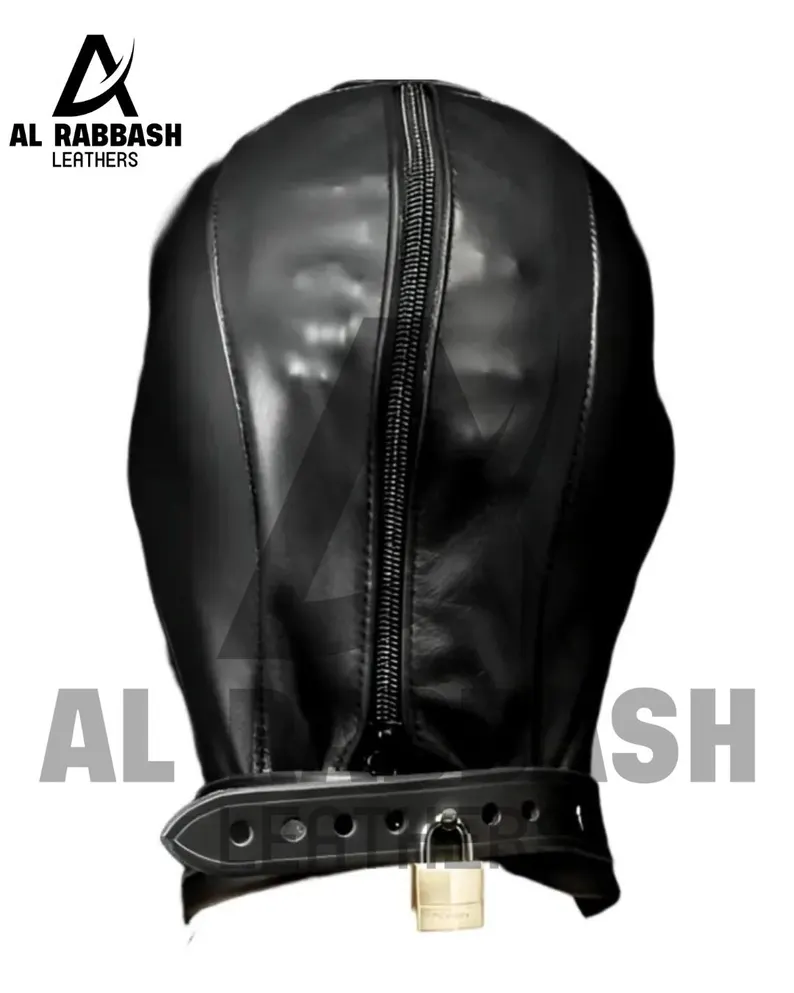 Black Leather Hood with Mouth Opening – Adjustable Headgear, Unisex Costume Accessory - Image 3