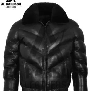Men's Black Sheepskin Leather Puffer Bomber Jacket