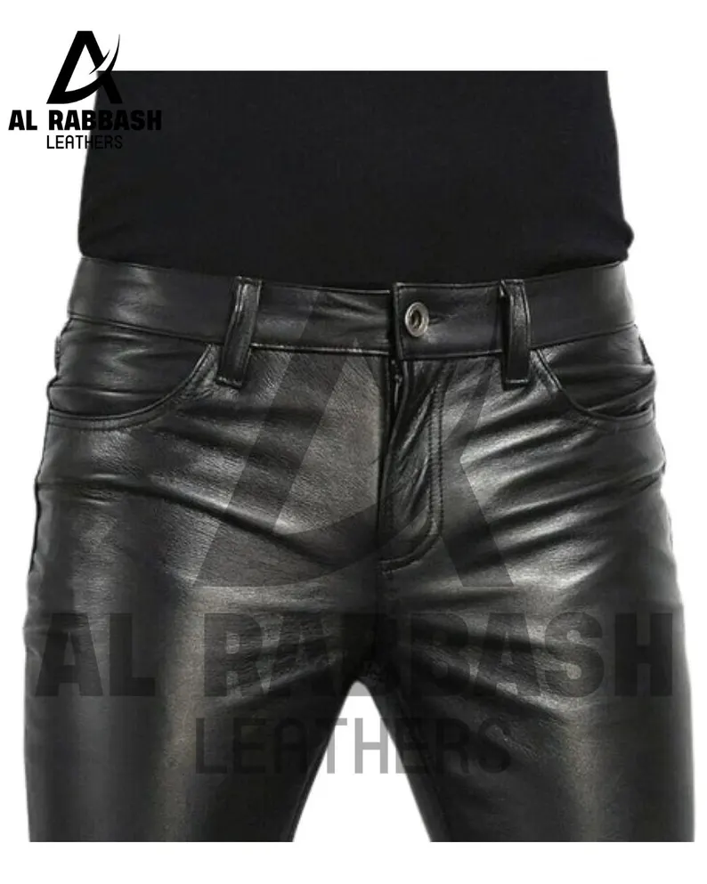 Men's Real Leather Black Pants with Zipper Sheep/Lambskin Leather Trouser - Image 2