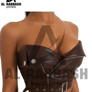 Handmade Brown Cowhide Leather Corset Top – Strapless Biker Bustier