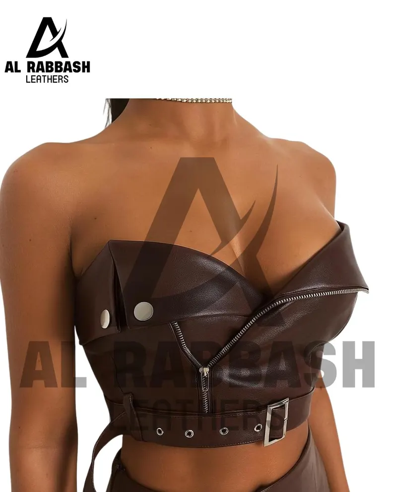 Handmade Brown Cowhide Leather Corset Top – Strapless Biker Bustier
