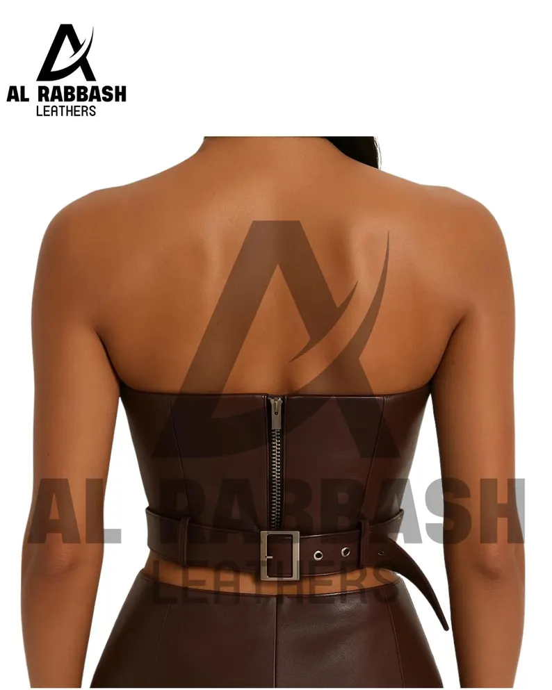 Handmade Brown Cowhide Leather Corset Top – Strapless Biker Bustier - Image 2