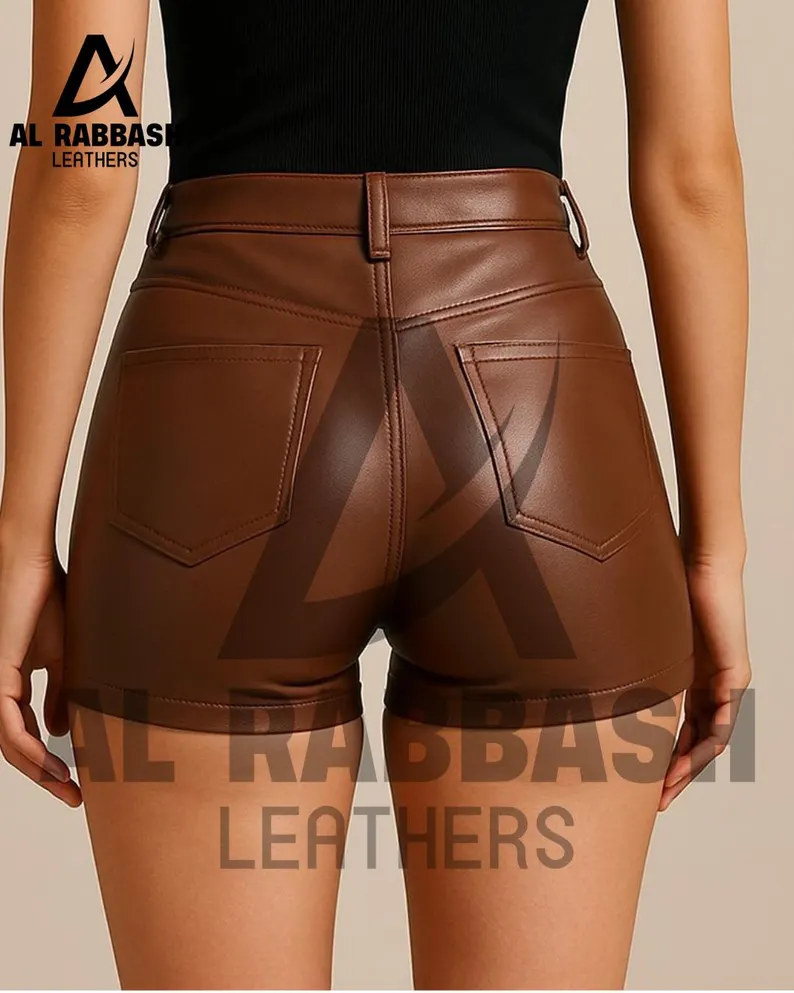 Handmade Brown Cowhide Leather High-Waisted Shorts | Vintage Style - Image 2