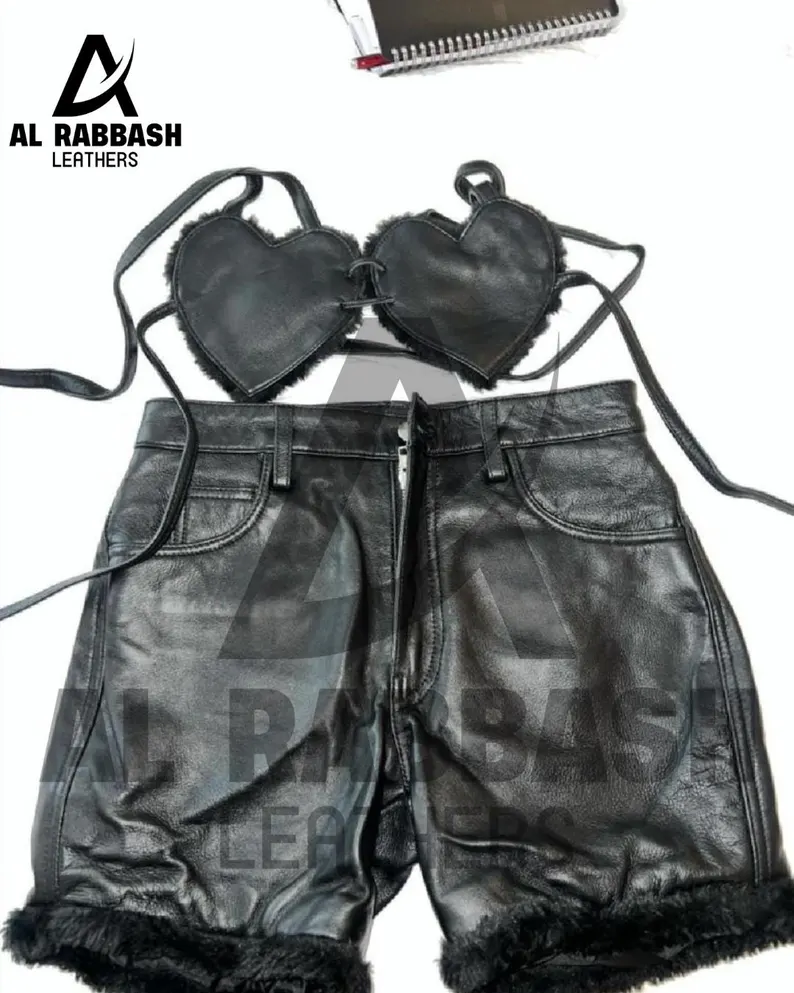 Handmade Leather Heart Crop Top & Shorts Set | Faux Fur Trim Gothic Rave Outfit - Image 4