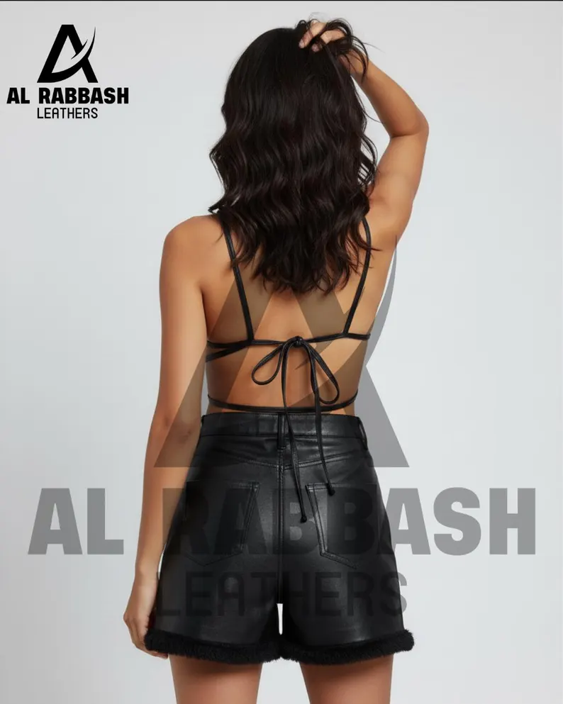 Handmade Leather Heart Crop Top & Shorts Set | Faux Fur Trim Gothic Rave Outfit - Image 3