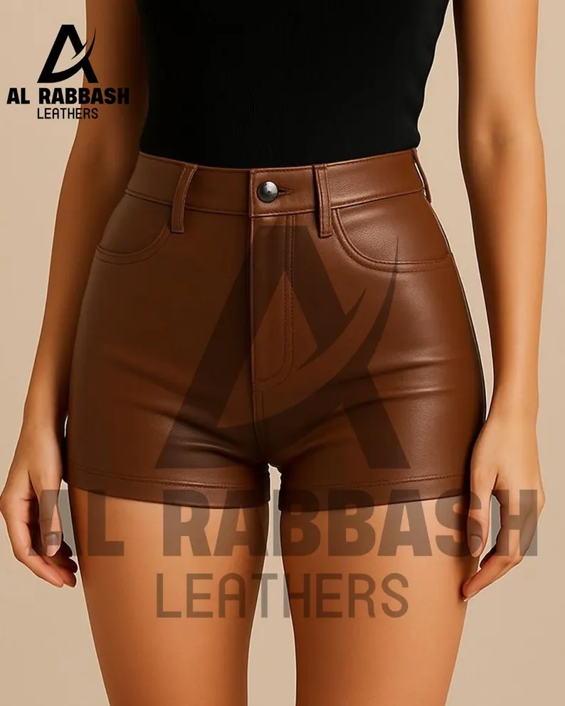 Handmade Brown Cowhide Leather High-Waisted Shorts | Vintage Style