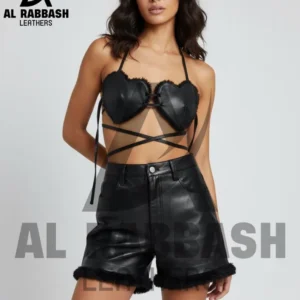 Handmade Leather Heart Crop Top & Shorts Set | Faux Fur Trim Gothic Rave Outfit