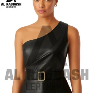 Handmade Black Leather One-Shoulder Peplum Top | Belted Blouse