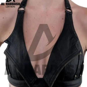 Handmade Leather Halter Bra Top - Biker Zipper Crop Top