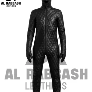 Quilted Leather Catsuit - Black Full Body Leather Suit with Hood & Gloves