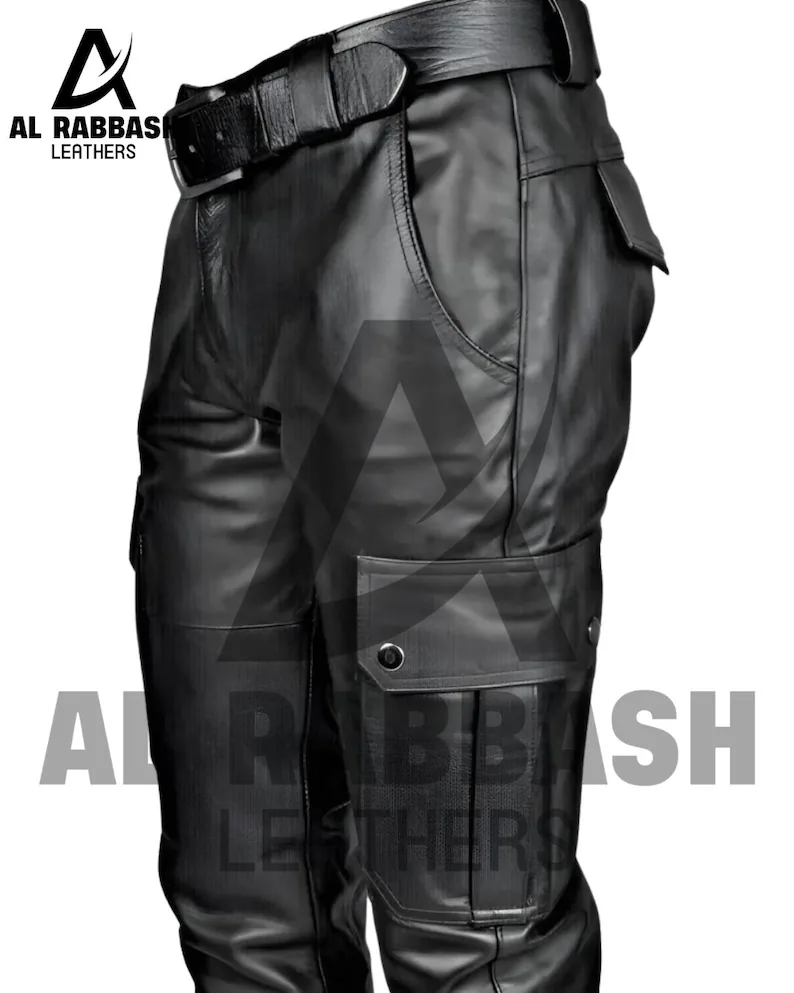Handmade Black Leather Cargo Pants - Stylish Biker Trousers