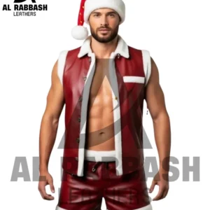 Handmade Maroon Leather Christmas Costume - Men's Vest & Shorts Cosplay Outfit