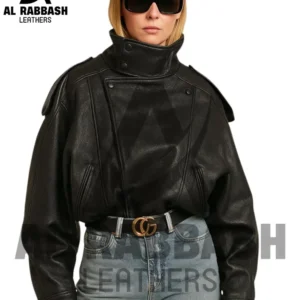Oversized Genuine Leather Bomber Jacket – Funnel Collar with Asymmetrical Front