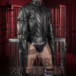 Black Leather Strait Jacket – Padded Quilted Restraint Bondage Jacket