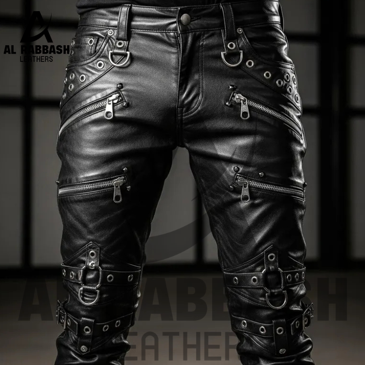 Handmade Black Punk Leather Pants | Gothic Bondage Pants for Men | Custom Zipper & Strap - Image 4