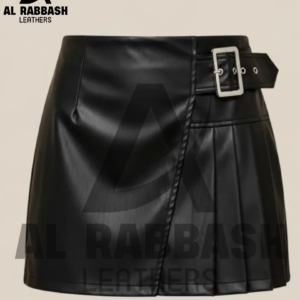 High Waisted Black Leather Mini Skirt | Pleated A-Line Skirt with Buckle Detail | Women’s Trendy Outfit Gift