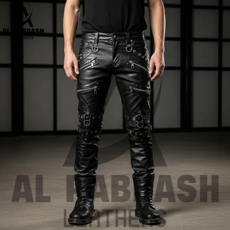 Handmade Black Punk Leather Pants | Gothic Bondage Pants for Men | Custom Zipper & Strap - Image 2