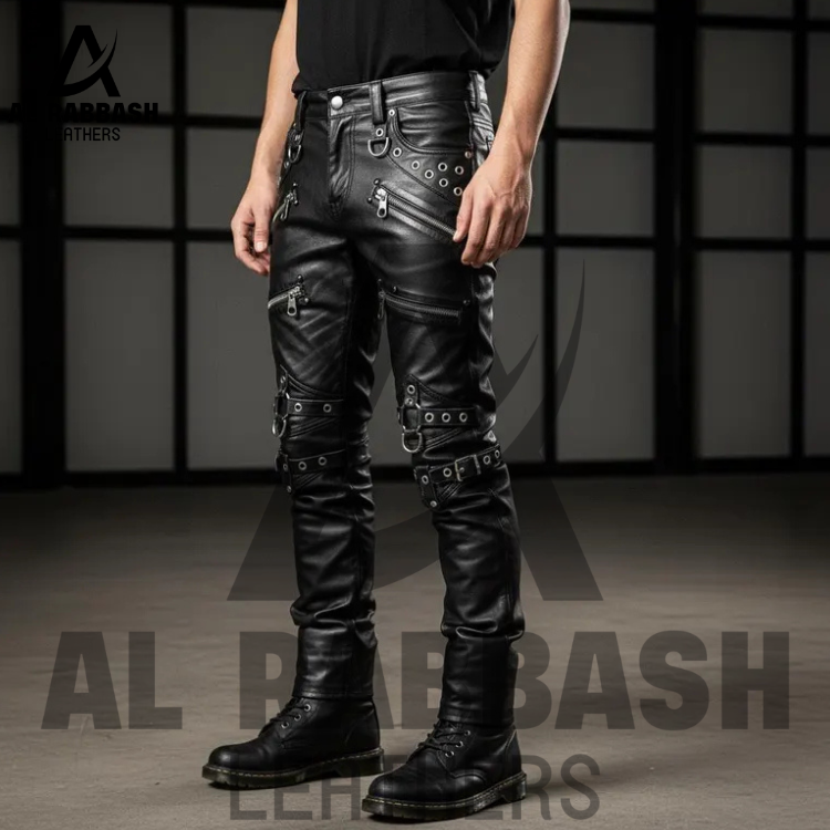 Handmade Black Punk Leather Pants | Gothic Bondage Pants for Men | Custom Zipper & Strap