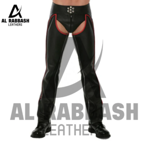 Men’s Black Real Leather Chaps with Red Piping