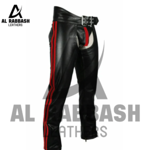 Mens Leather Chaps with Red Stripes and Belt